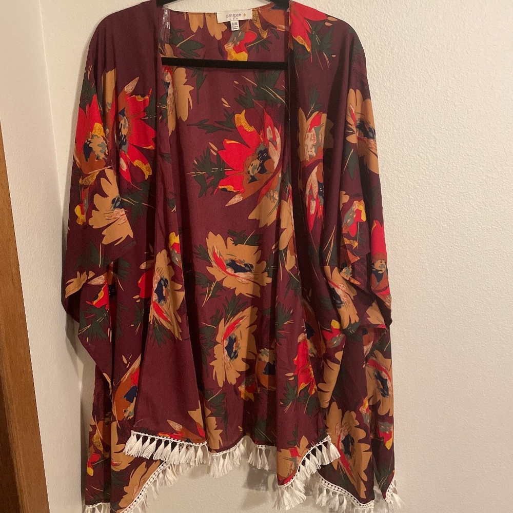 Burgundy, floral kimono